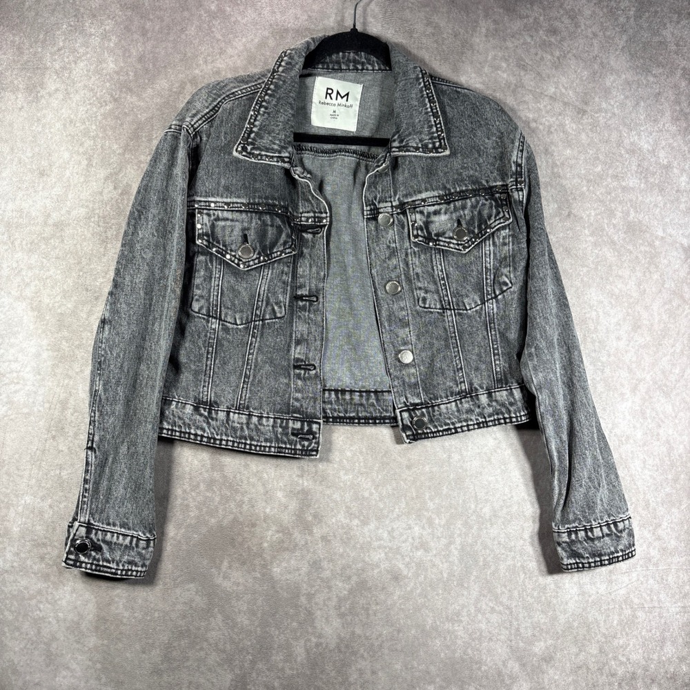 Rebecca Minkoff Denim Jacket Womens M Gray Studded Cropped Trucker Acid Wash
